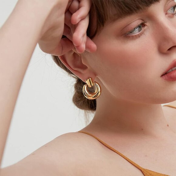 Women's Gold Statement Retro Hoop Dangle Earrings Multiple Styles Jewelry - Picture 4 of 9